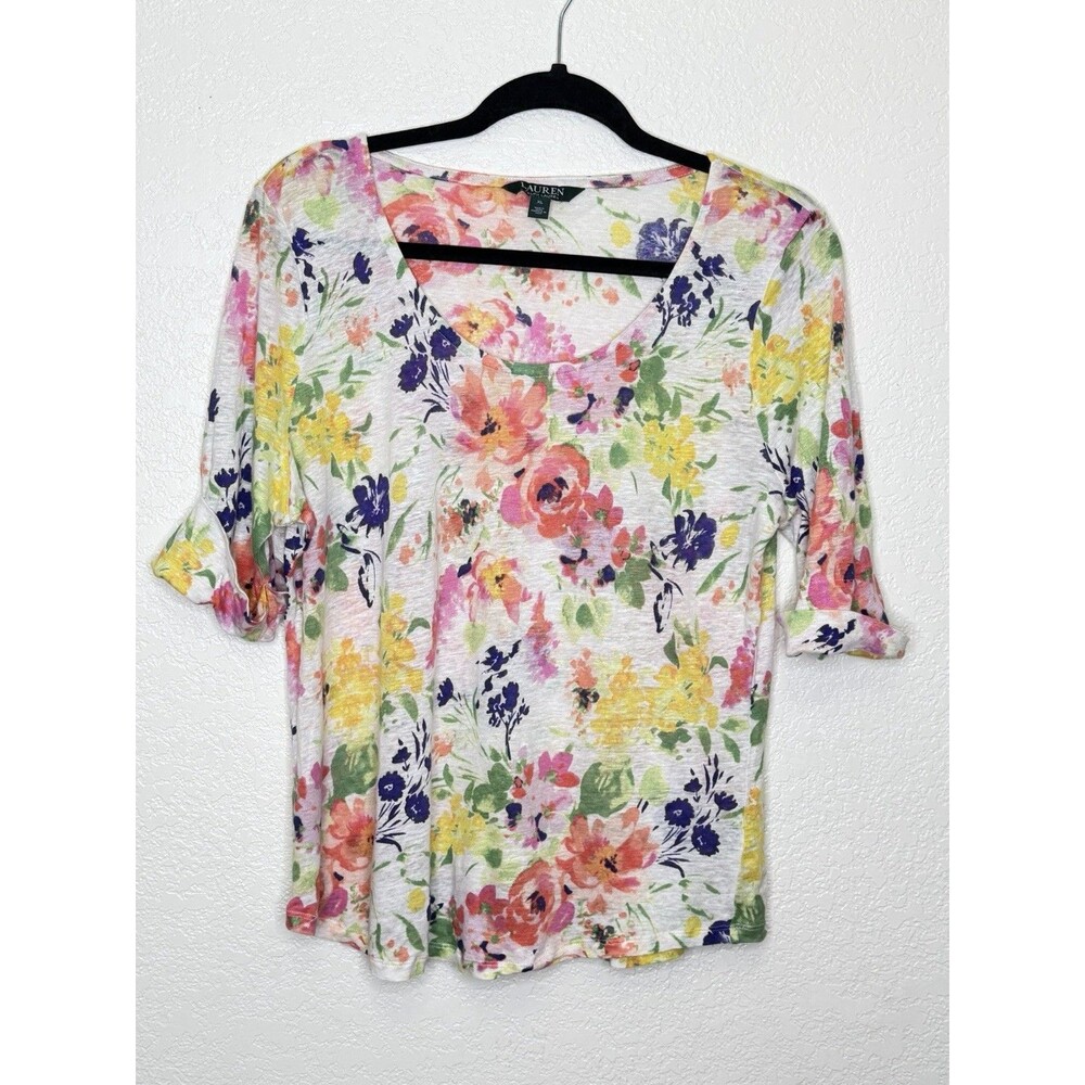 Ralph Lauren LRL Floral Linen Top Women’s XL Cottagecore Garden Tee Cuff Sleeve